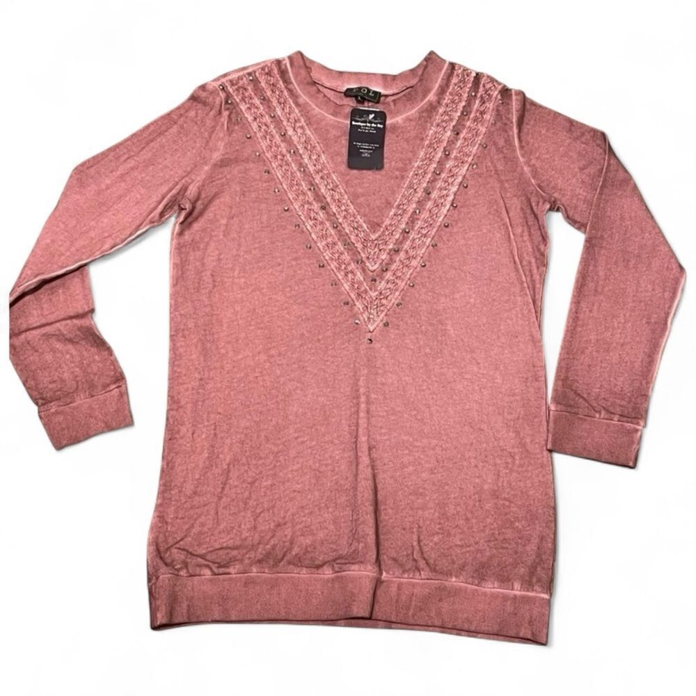 NWT Pol Long Sleeve Vintage Wash Sweater With Brass Rivet Detail Mauve Large